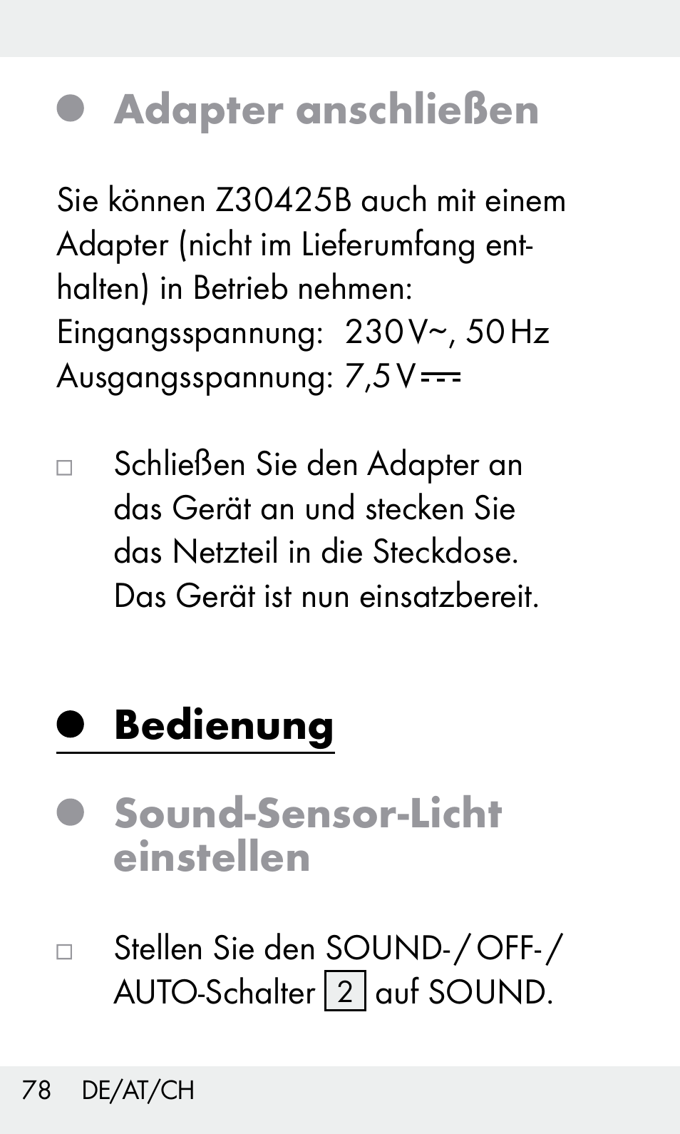 Adapter anschließen, Bedienung sound-sensor-licht einstellen | Livarno Z31603 User Manual | Page 78 / 84