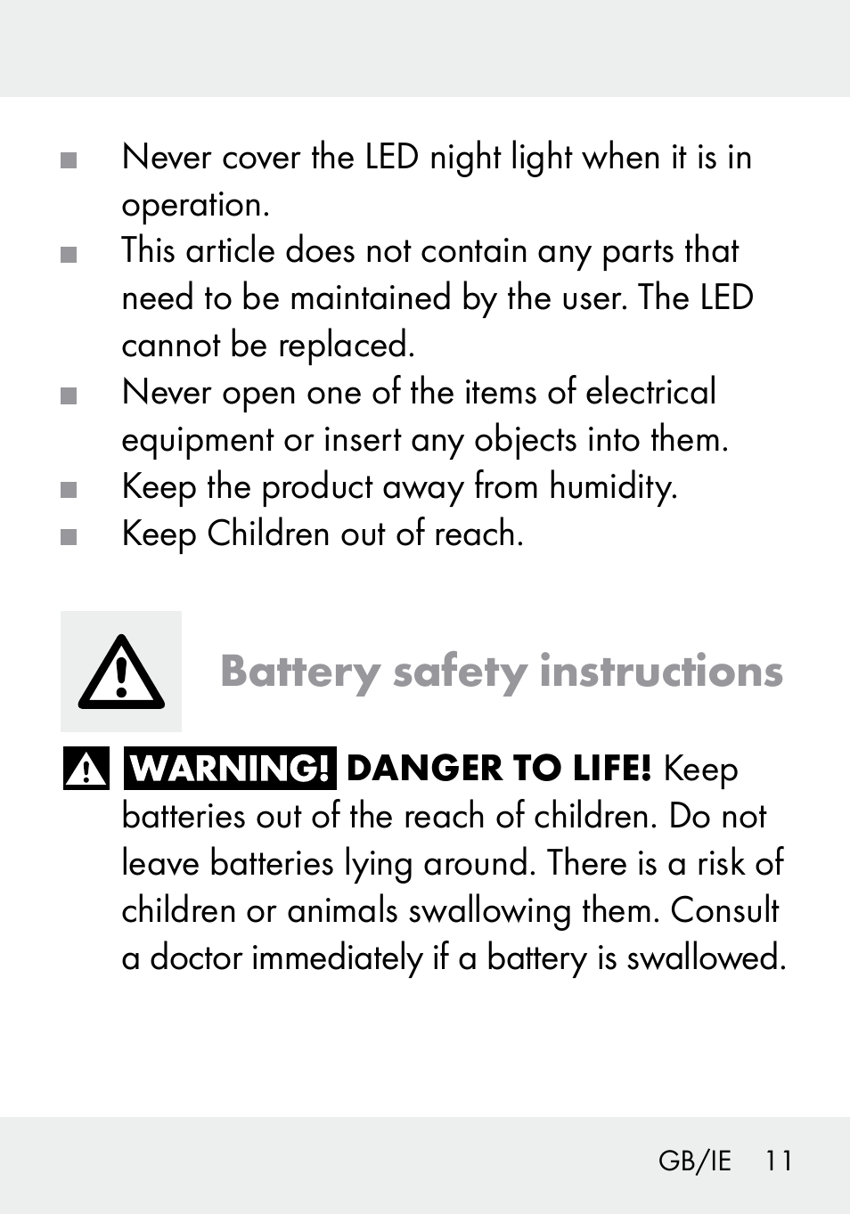 Battery safety instructions | Livarno 103994-14-01/103994-14-02 User Manual | Page 11 / 88