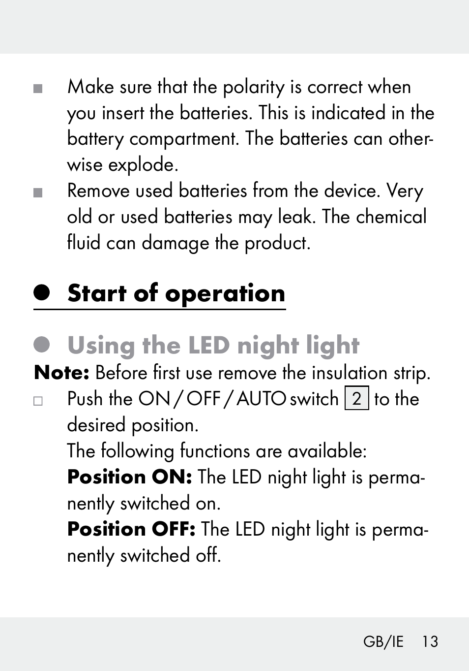 Start of operation using the led night light | Livarno 103994-14-01/103994-14-02 User Manual | Page 13 / 88