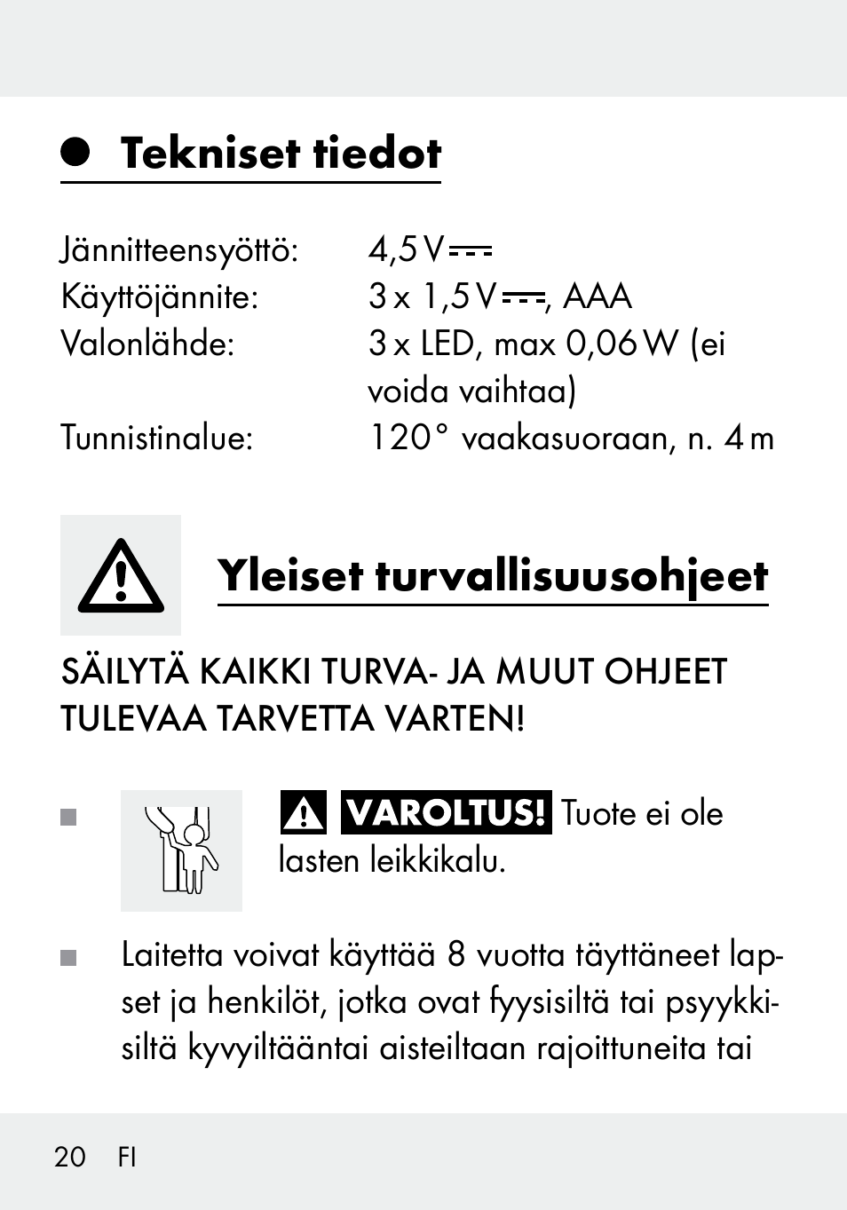 Tekniset tiedot, Yleiset turvallisuusohjeet | Livarno 103994-14-01/103994-14-02 User Manual | Page 20 / 88