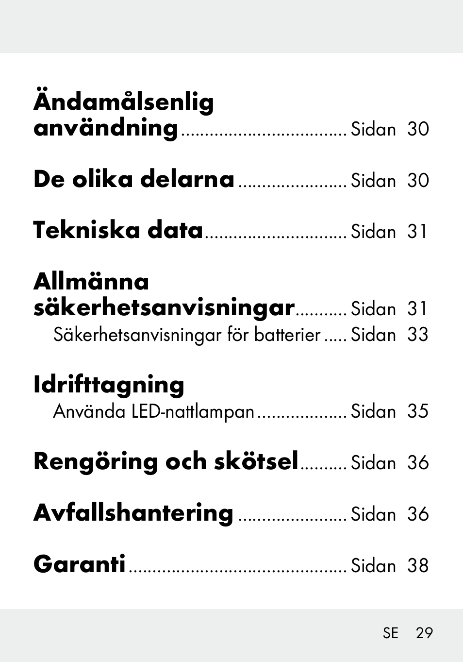 Ändamålsenlig användning, De olika delarna, Tekniska data | Allmänna säkerhetsanvisningar, Idrifttagning, Rengöring och skötsel, Avfallshantering, Garanti | Livarno 103994-14-01/103994-14-02 User Manual | Page 29 / 88