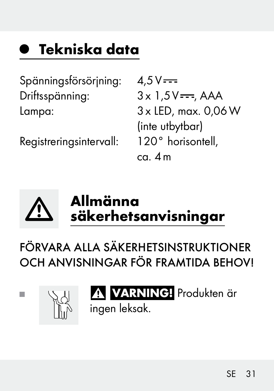 Tekniska data, Allmänna säkerhetsanvisningar | Livarno 103994-14-01/103994-14-02 User Manual | Page 31 / 88