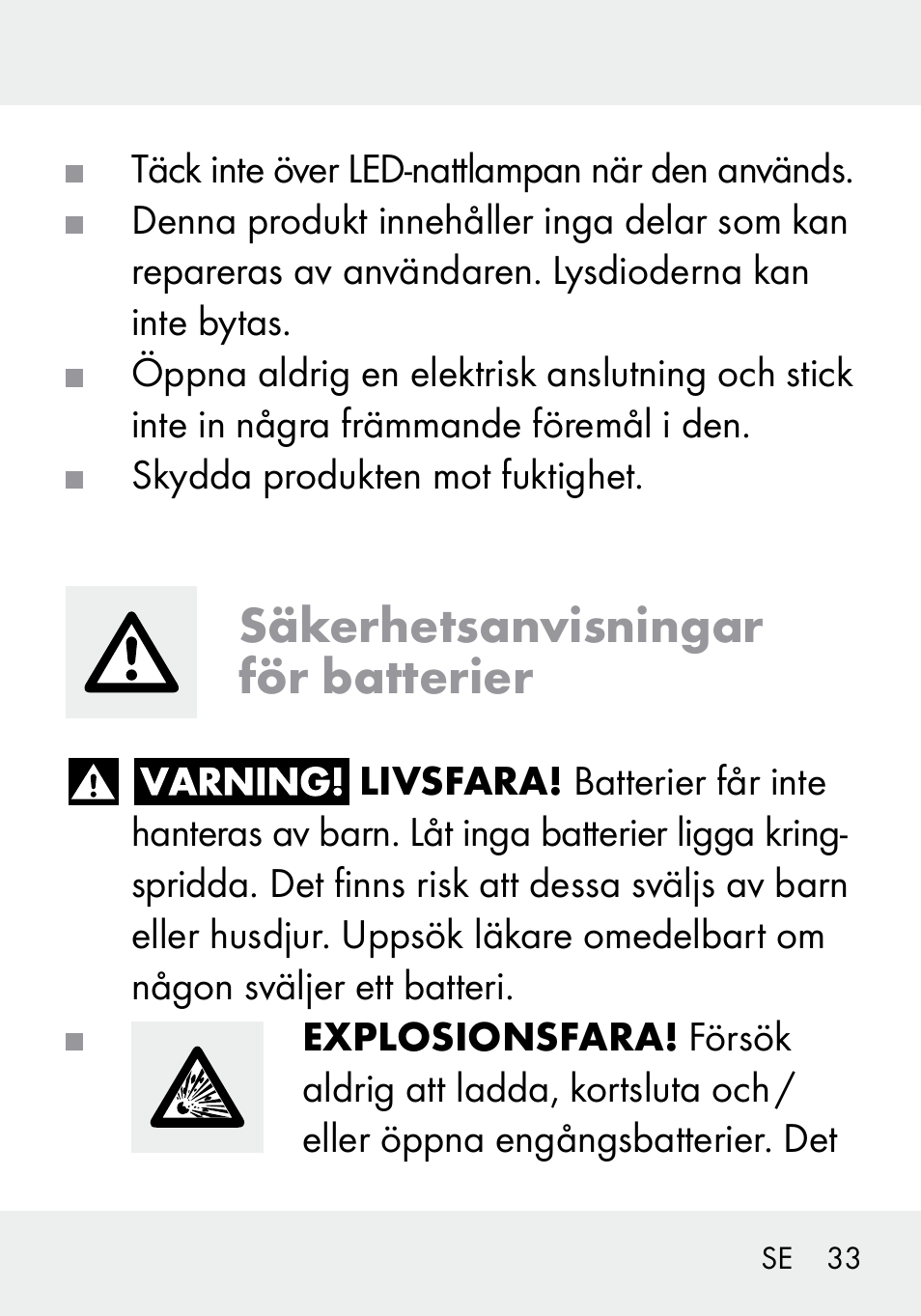 Säkerhetsanvisningar för batterier | Livarno 103994-14-01/103994-14-02 User Manual | Page 33 / 88