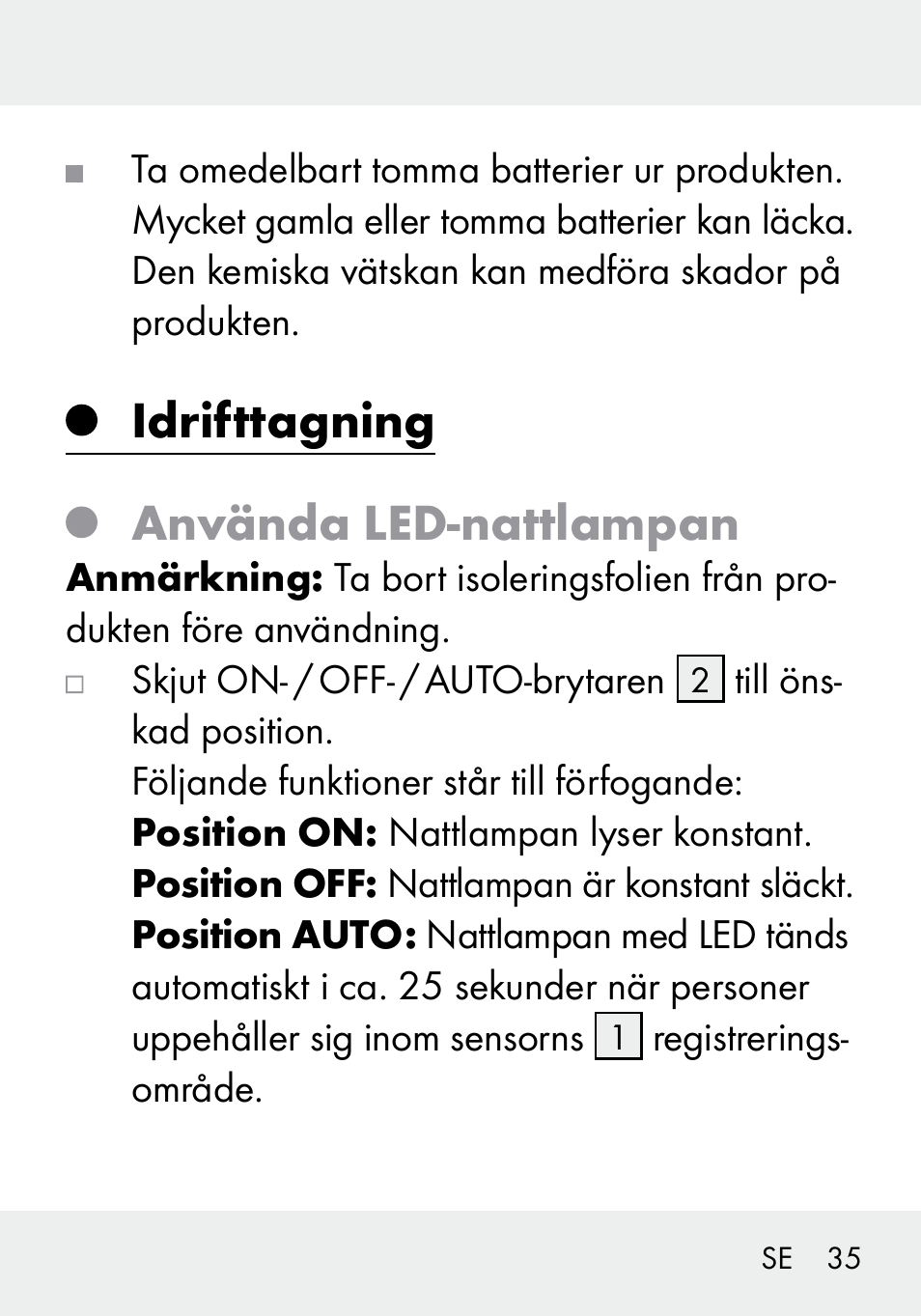 Idrifttagning använda led-nattlampan | Livarno 103994-14-01/103994-14-02 User Manual | Page 35 / 88