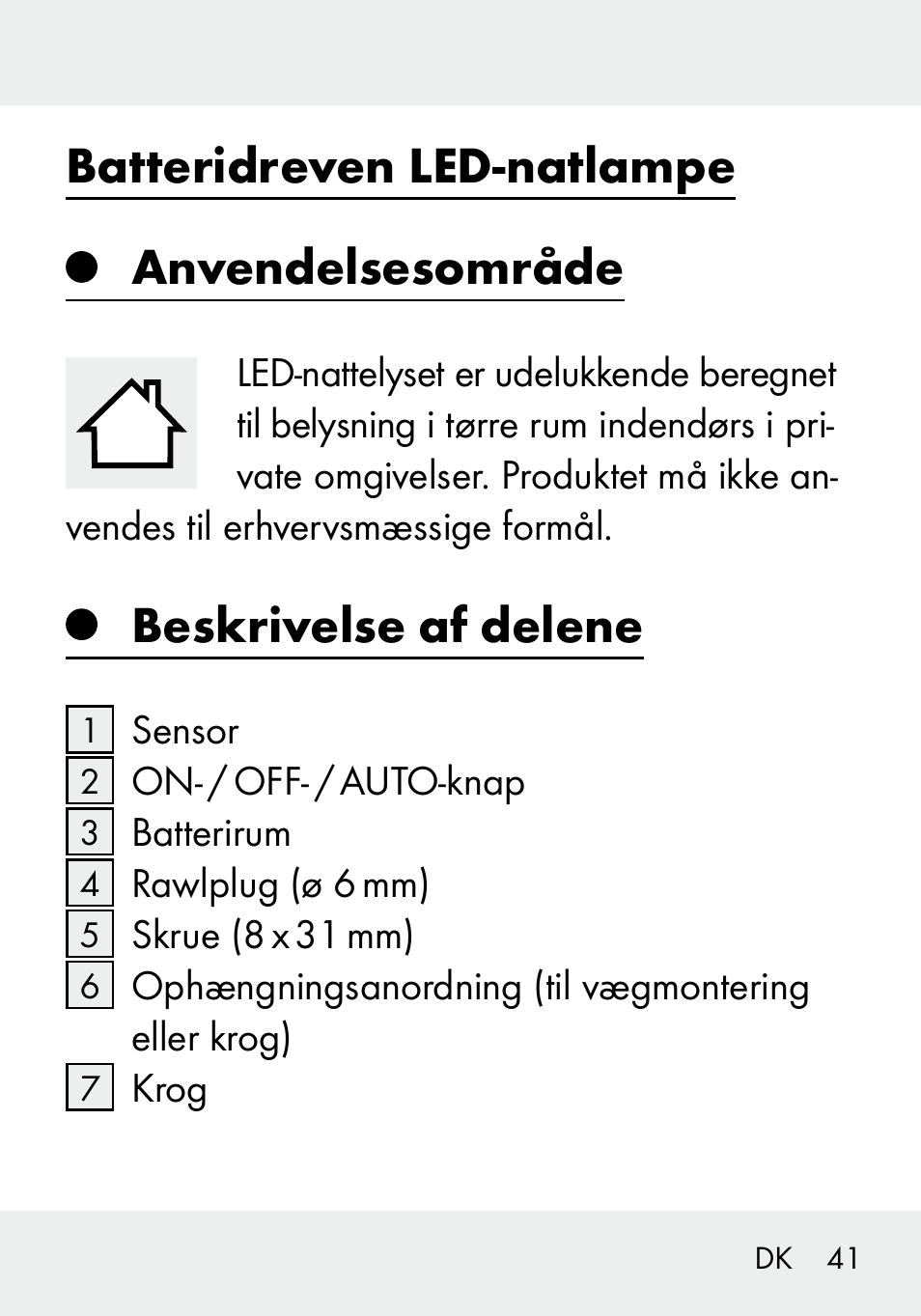 Batteridreven led-natlampe anvendelsesområde, Beskrivelse af delene | Livarno 103994-14-01/103994-14-02 User Manual | Page 41 / 88