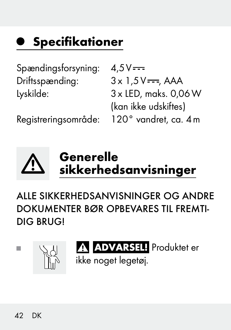 Specifikationer, Generelle sikkerhedsanvisninger | Livarno 103994-14-01/103994-14-02 User Manual | Page 42 / 88