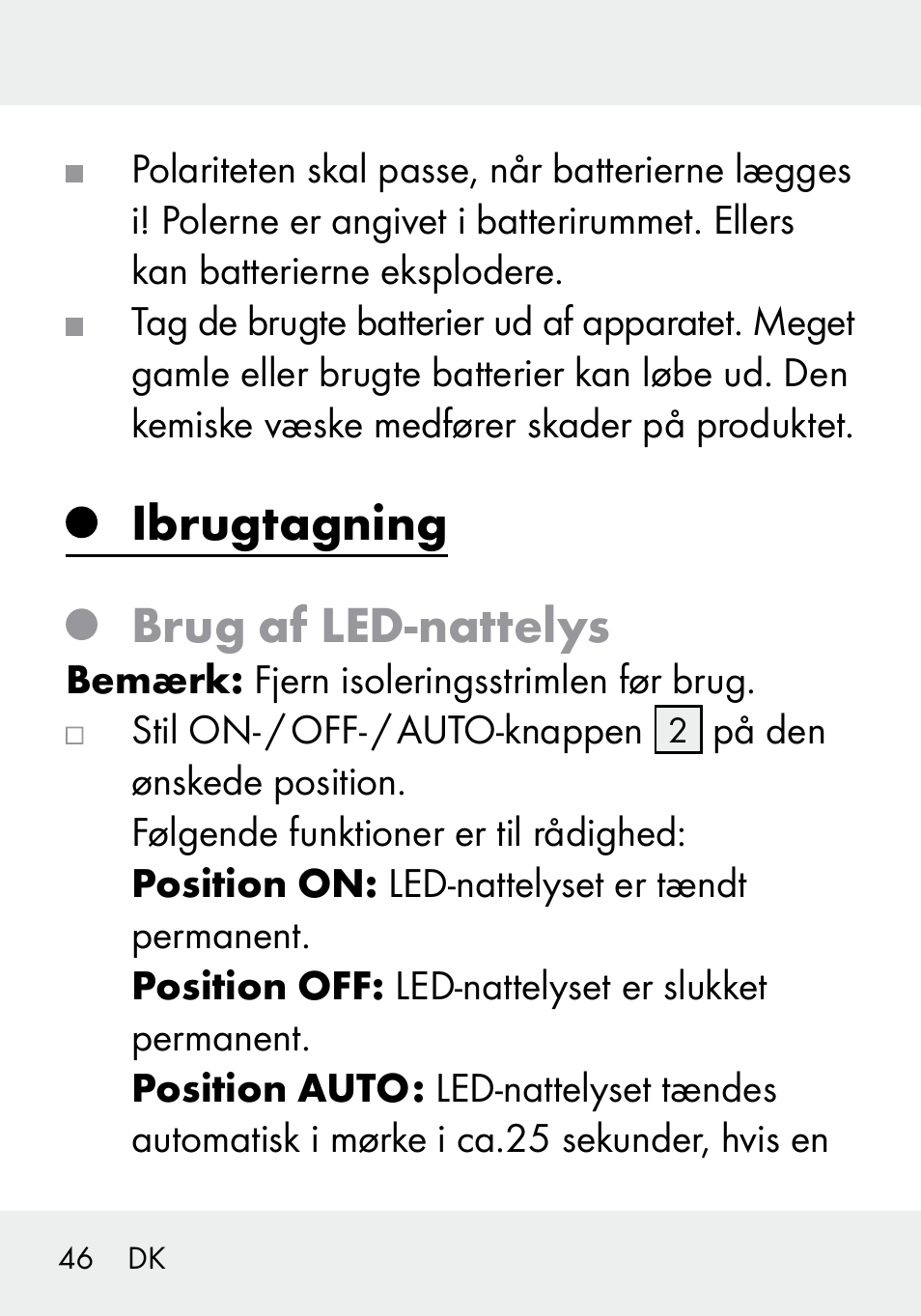 Ibrugtagning brug af led-nattelys | Livarno 103994-14-01/103994-14-02 User Manual | Page 46 / 88