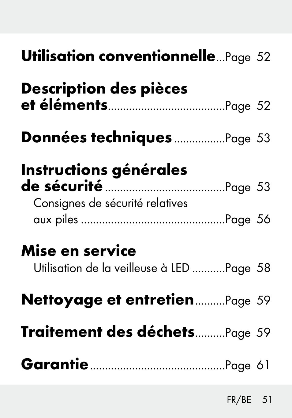 Utilisation conventionnelle, Description des pièces et éléments, Données techniques | Instructions générales de sécurité, Mise en service, Nettoyage et entretien, Traitement des déchets, Garantie | Livarno 103994-14-01/103994-14-02 User Manual | Page 51 / 88