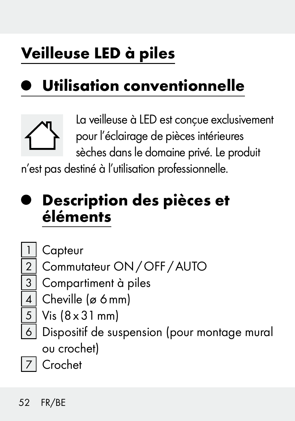 Veilleuse led à piles utilisation conventionnelle, Description des pièces et éléments | Livarno 103994-14-01/103994-14-02 User Manual | Page 52 / 88