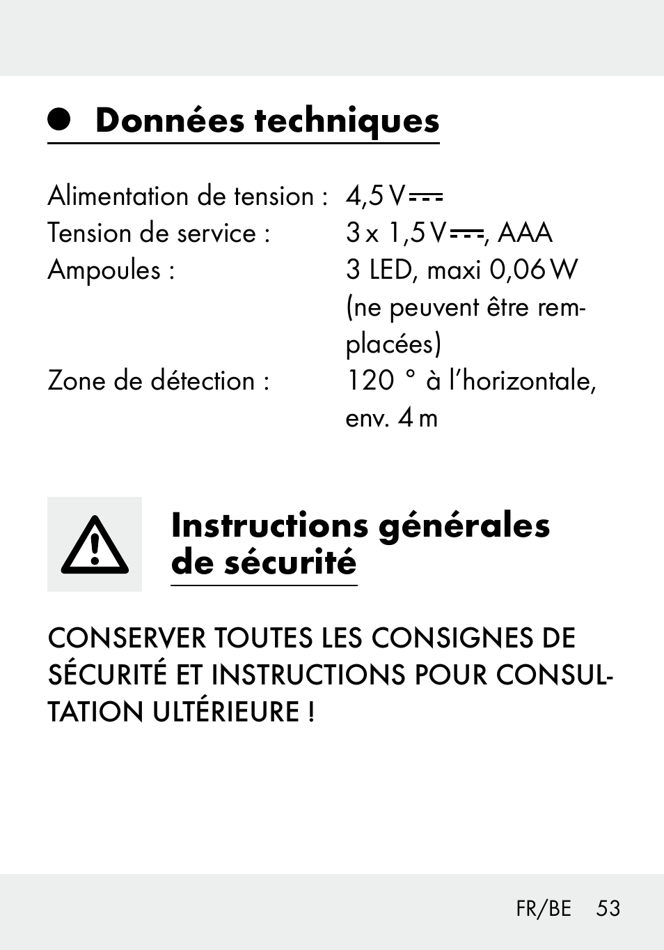 Données techniques, Instructions générales de sécurité | Livarno 103994-14-01/103994-14-02 User Manual | Page 53 / 88