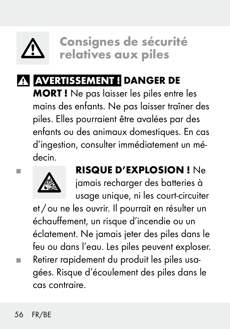 Consignes de sécurité relatives aux piles | Livarno 103994-14-01/103994-14-02 User Manual | Page 56 / 88