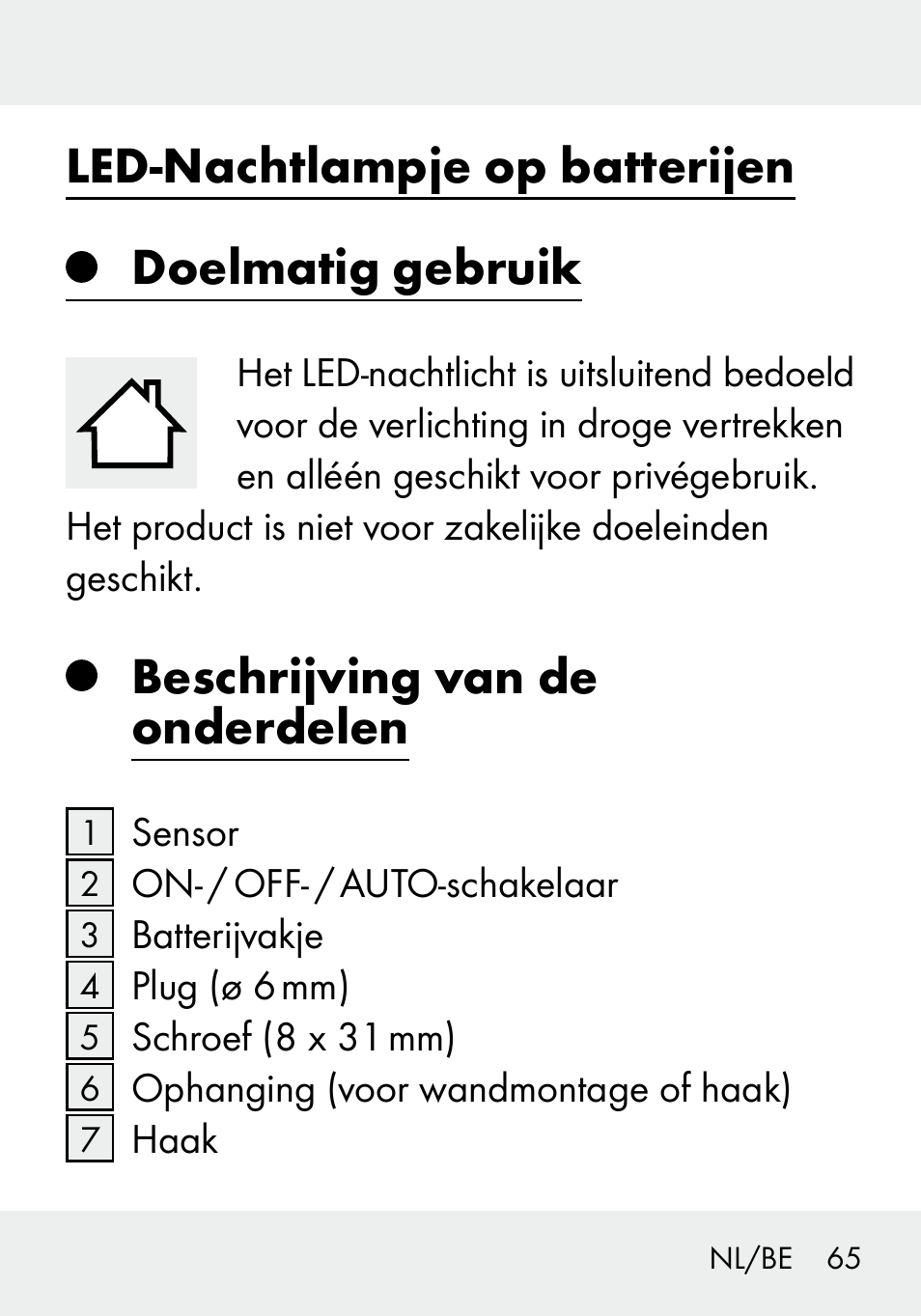 Led-nachtlampje op batterijen doelmatig gebruik, Beschrijving van de onderdelen | Livarno 103994-14-01/103994-14-02 User Manual | Page 65 / 88