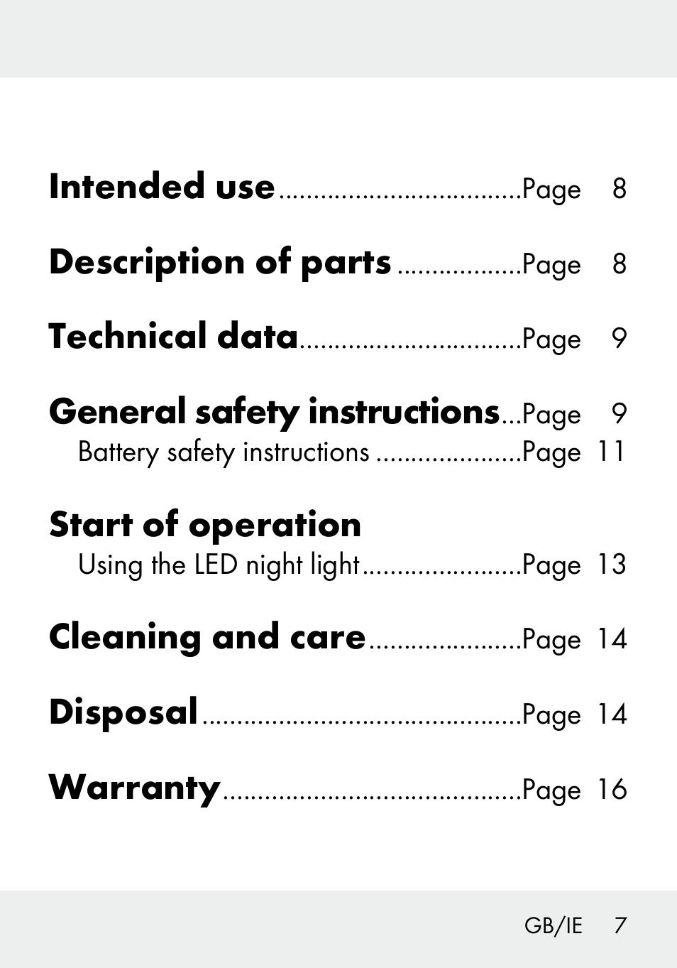 Intended use, Description of parts, Technical data | General safety instructions, Start of operation, Cleaning and care, Disposal, Warranty | Livarno 103994-14-01/103994-14-02 User Manual | Page 7 / 88