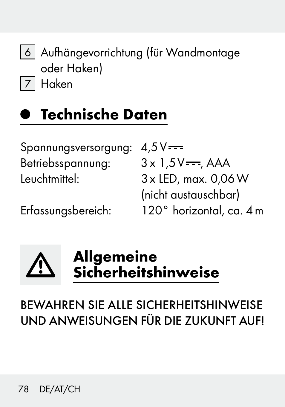 Technische daten, Allgemeine sicherheitshinweise | Livarno 103994-14-01/103994-14-02 User Manual | Page 78 / 88