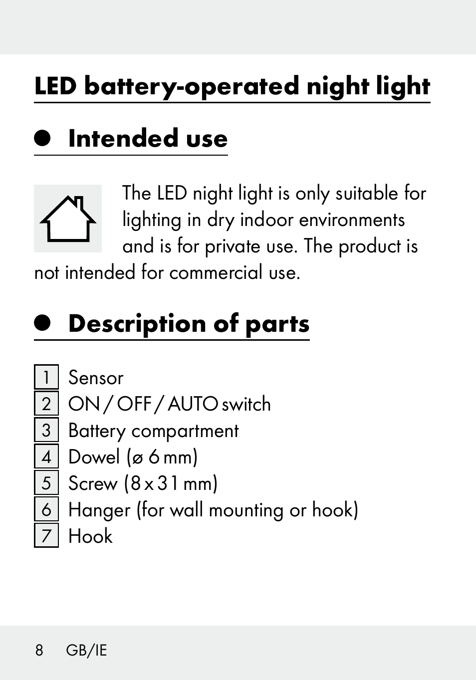 Led battery-operated night light intended use, Description of parts | Livarno 103994-14-01/103994-14-02 User Manual | Page 8 / 88