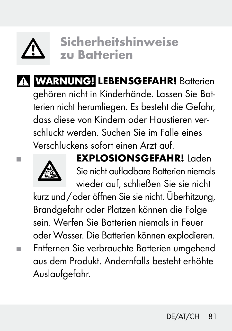 Sicherheitshinweise zu batterien | Livarno 103994-14-01/103994-14-02 User Manual | Page 81 / 88