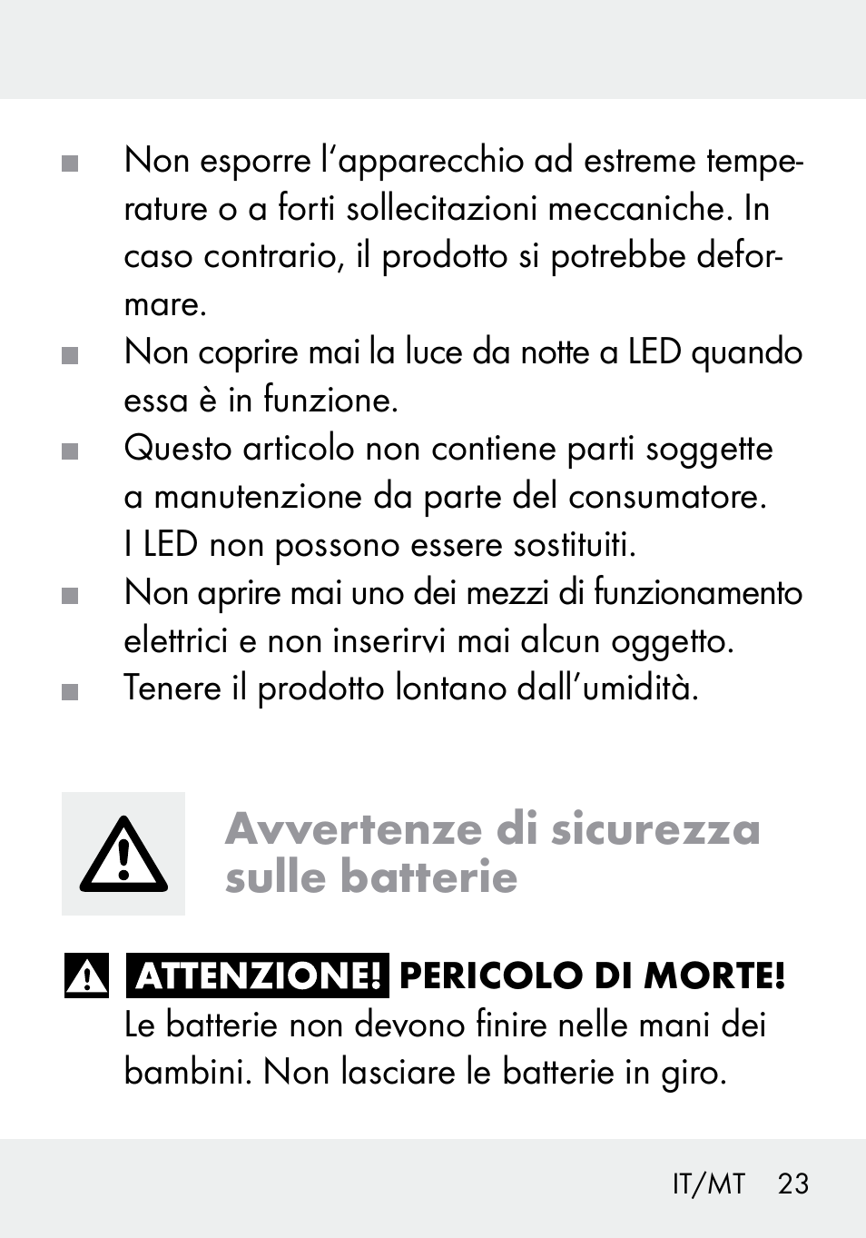 Avvertenze di sicurezza sulle batterie | Livarno 103994-14-01/103994-14-02 User Manual | Page 23 / 66