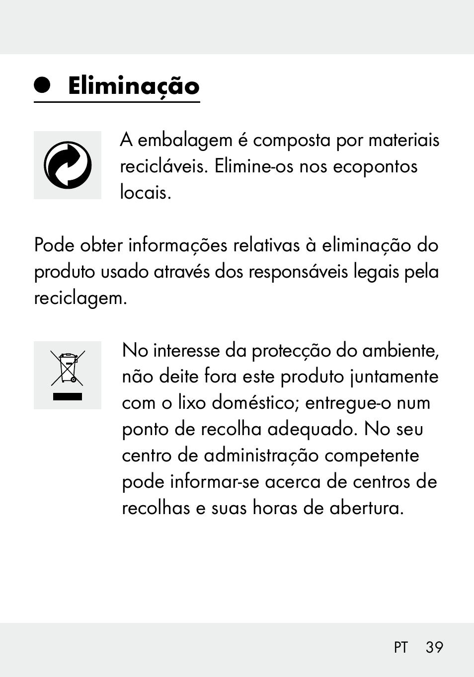 Eliminação | Livarno 103994-14-01/103994-14-02 User Manual | Page 39 / 66