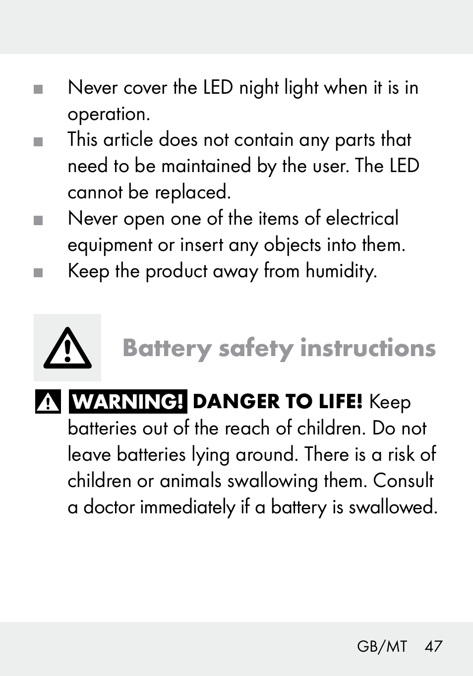 Battery safety instructions | Livarno 103994-14-01/103994-14-02 User Manual | Page 47 / 66