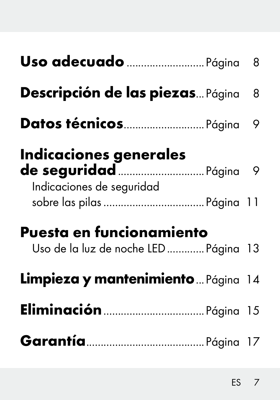 Uso adecuado, Descripción de las piezas, Datos técnicos | Indicaciones generales de seguridad, Puesta en funcionamiento, Limpieza y mantenimiento, Eliminación, Garantía | Livarno 103994-14-01/103994-14-02 User Manual | Page 7 / 66