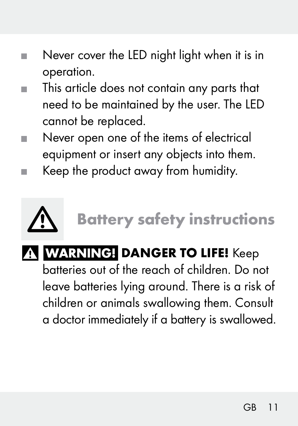 Battery safety instructions | Livarno 103994-14-01/103994-14-02 User Manual | Page 11 / 89