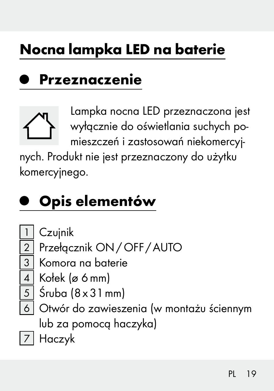 Nocna lampka led na baterie przeznaczenie, Opis elementów | Livarno 103994-14-01/103994-14-02 User Manual | Page 19 / 89