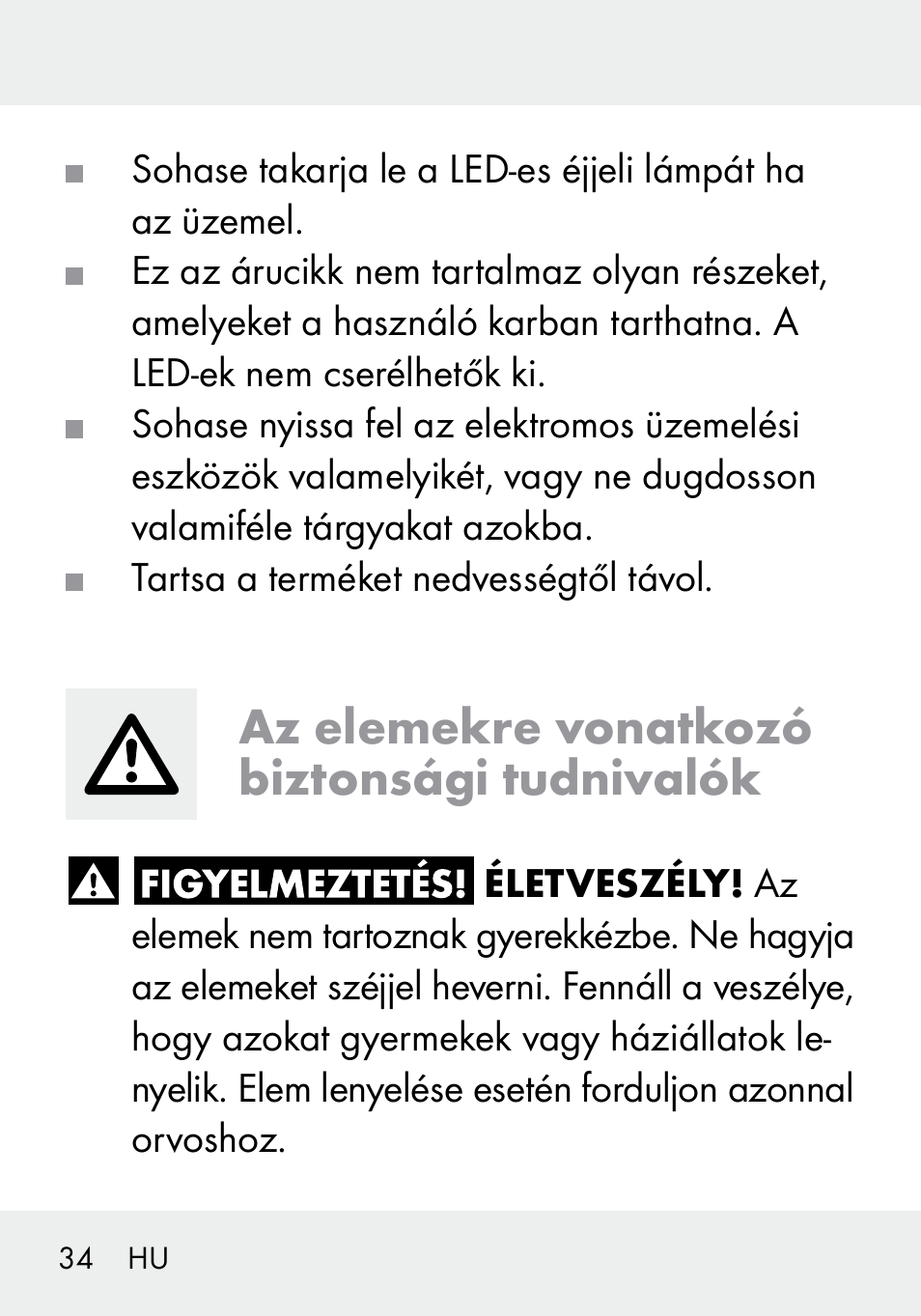 Az elemekre vonatkozó biztonsági tudnivalók | Livarno 103994-14-01/103994-14-02 User Manual | Page 34 / 89