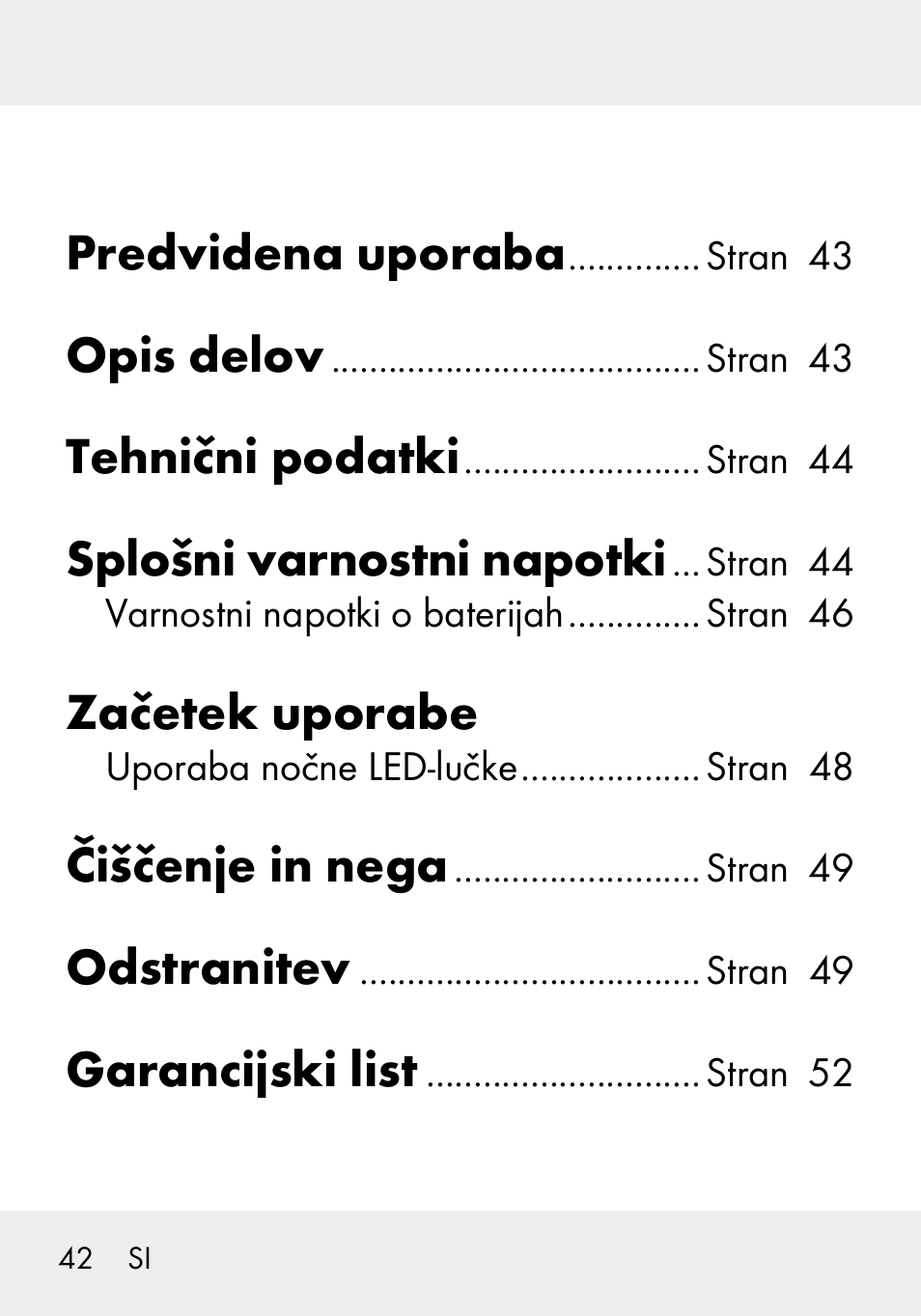 Predvidena uporaba, Opis delov, Tehnični podatki | Splošni varnostni napotki, Začetek uporabe, Čiščenje in nega, Odstranitev, Garancijski list | Livarno 103994-14-01/103994-14-02 User Manual | Page 42 / 89