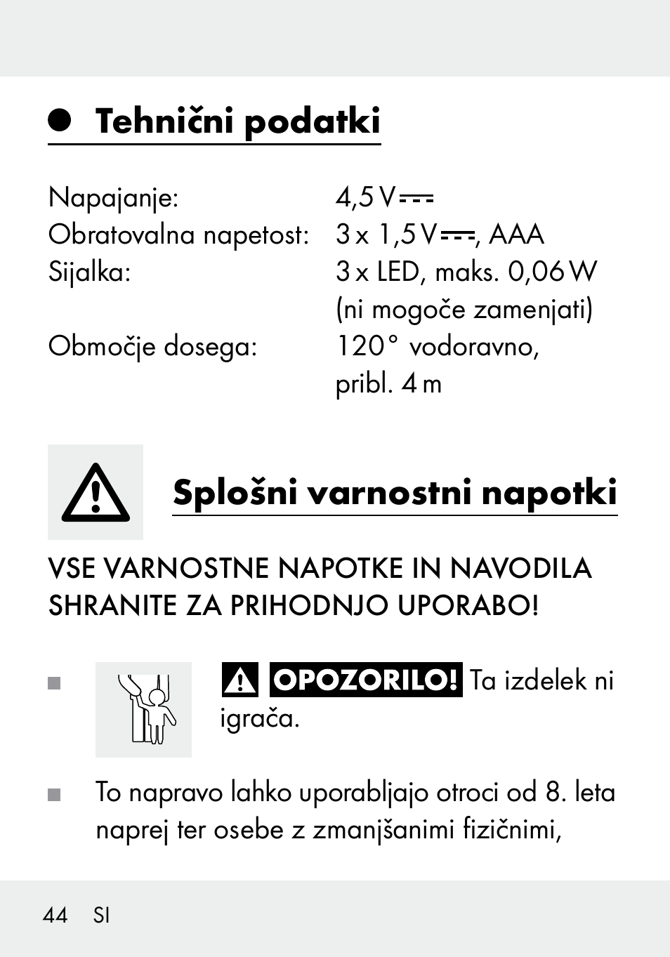 Tehnični podatki, Splošni varnostni napotki | Livarno 103994-14-01/103994-14-02 User Manual | Page 44 / 89