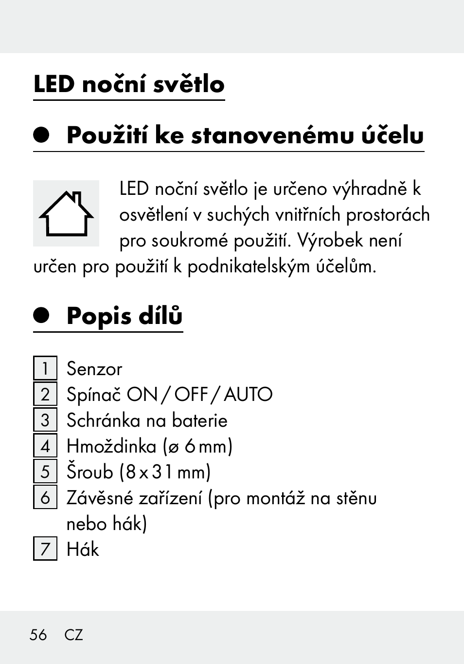 Led noční světlo použití ke stanovenému účelu, Popis dílů | Livarno 103994-14-01/103994-14-02 User Manual | Page 56 / 89