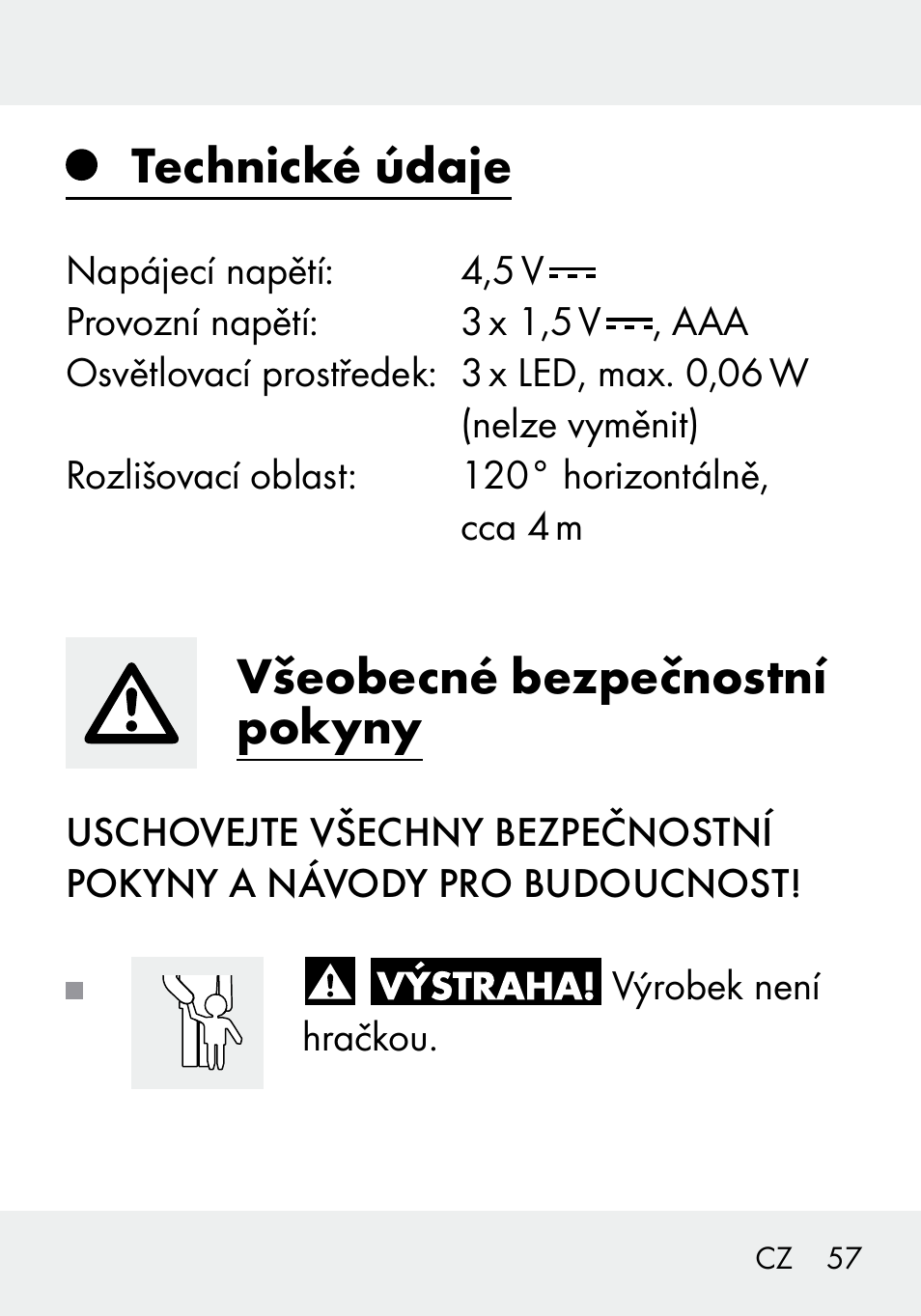 Technické údaje, Všeobecné bezpečnostní pokyny | Livarno 103994-14-01/103994-14-02 User Manual | Page 57 / 89