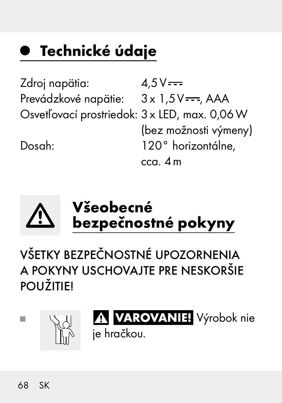 Technické údaje, Všeobecné bezpečnostné pokyny | Livarno 103994-14-01/103994-14-02 User Manual | Page 68 / 89