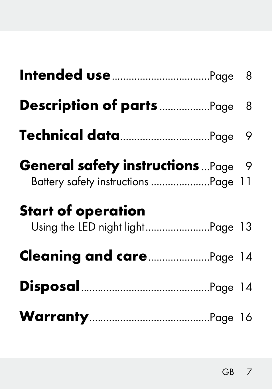 Intended use, Description of parts, Technical data | General safety instructions, Start of operation, Cleaning and care, Disposal, Warranty | Livarno 103994-14-01/103994-14-02 User Manual | Page 7 / 89