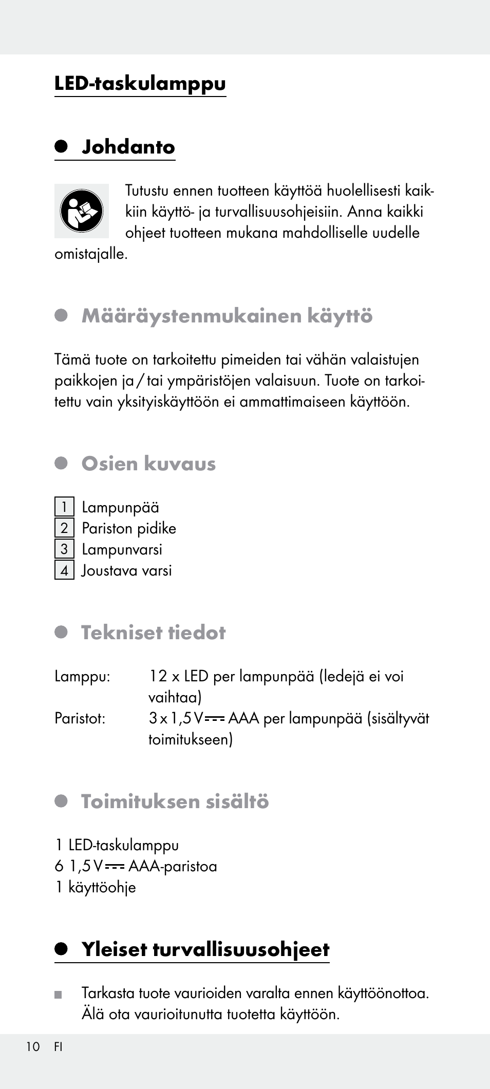 Led-taskulamppu, Johdanto, Määräystenmukainen käyttö | Osien kuvaus, Tekniset tiedot, Toimituksen sisältö, Yleiset turvallisuusohjeet | Livarno Z31240 User Manual | Page 10 / 45