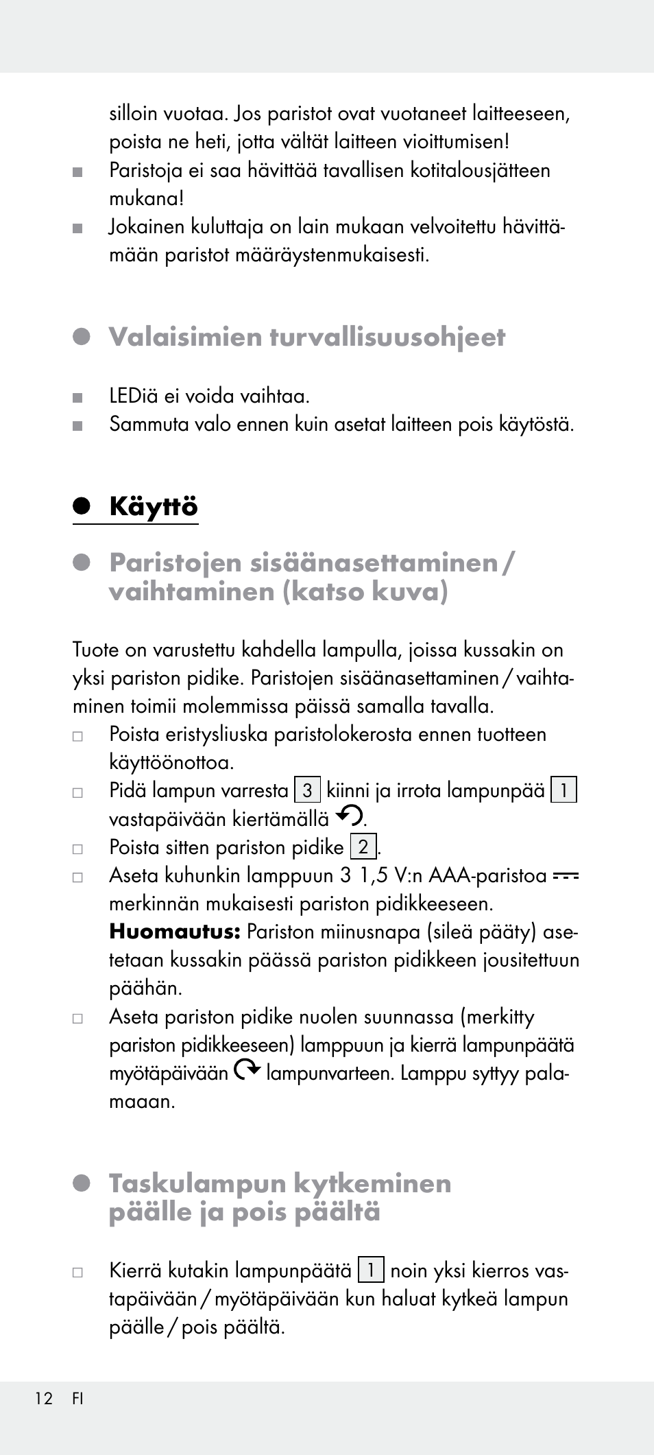 Valaisimien turvallisuusohjeet, Taskulampun kytkeminen päälle ja pois päältä | Livarno Z31240 User Manual | Page 12 / 45