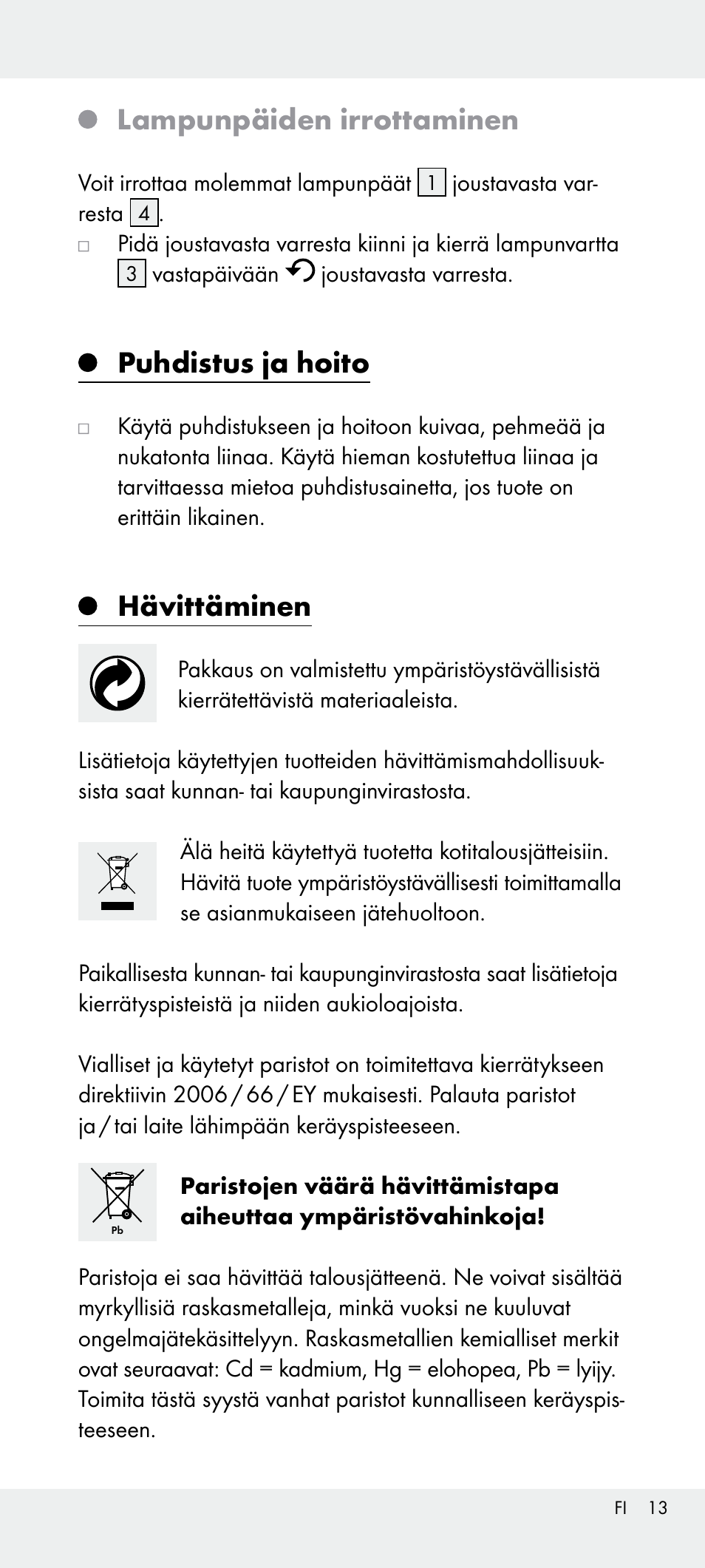 Lampunpäiden irrottaminen, Puhdistus ja hoito, Hävittäminen | Livarno Z31240 User Manual | Page 13 / 45