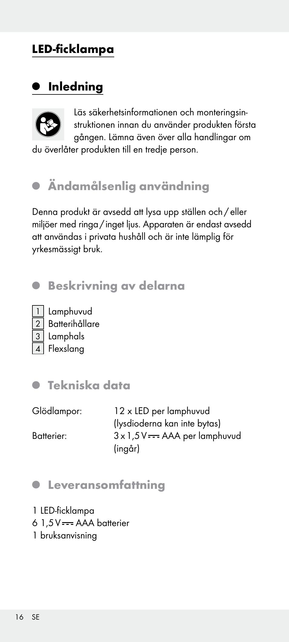 Led-ficklampa, Inledning, Ändamålsenlig användning | Beskrivning av delarna, Tekniska data, Leveransomfattning | Livarno Z31240 User Manual | Page 16 / 45