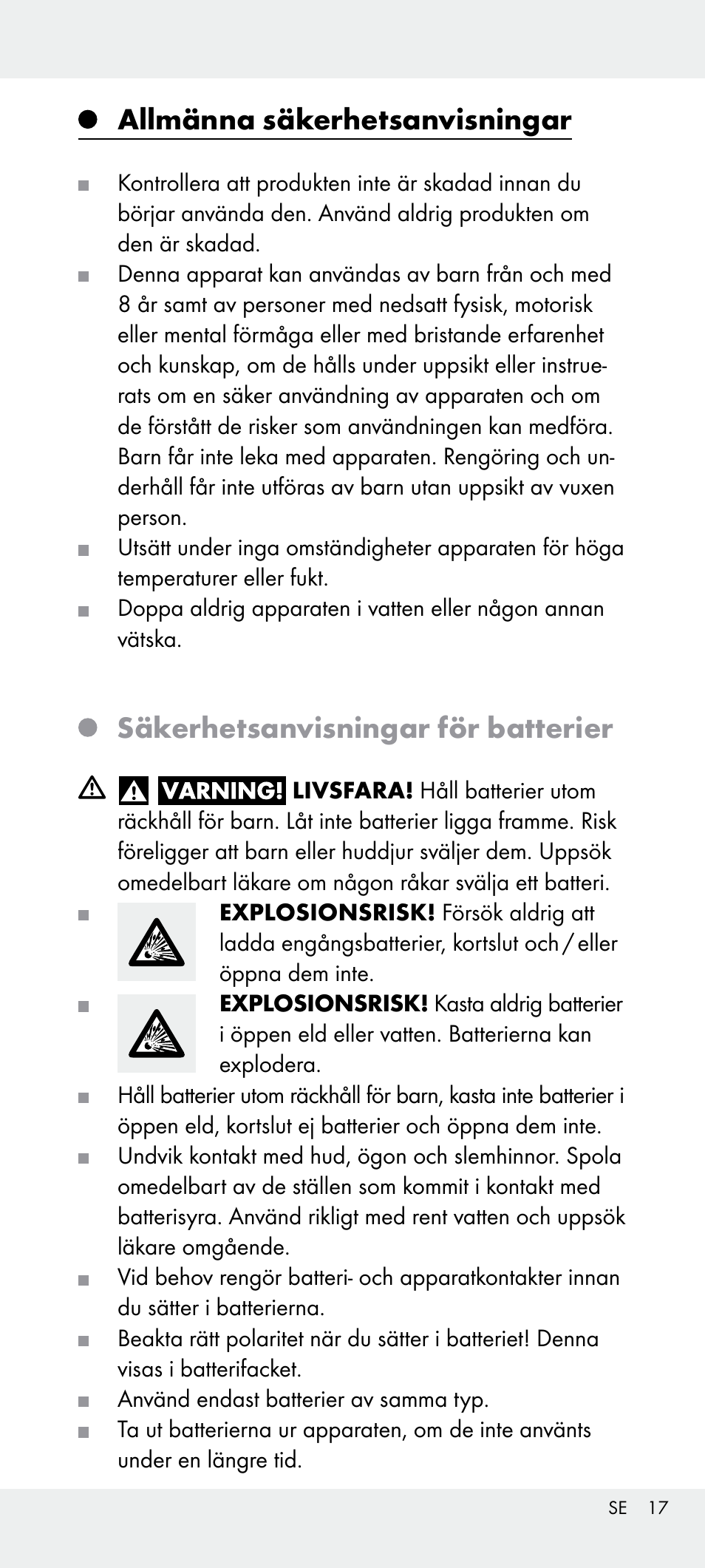 Allmänna säkerhetsanvisningar, Säkerhetsanvisningar för batterier | Livarno Z31240 User Manual | Page 17 / 45