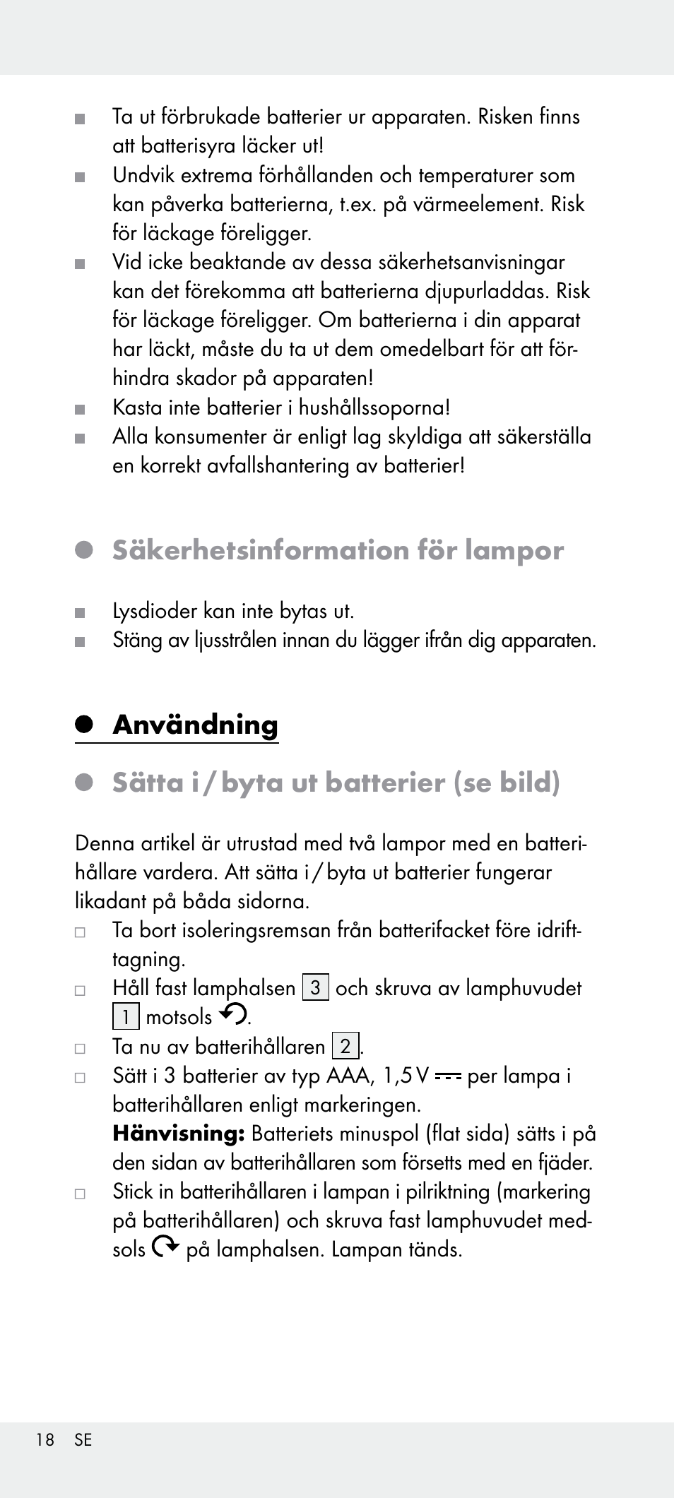 Säkerhetsinformation för lampor, Användning sätta i / byta ut batterier (se bild) | Livarno Z31240 User Manual | Page 18 / 45