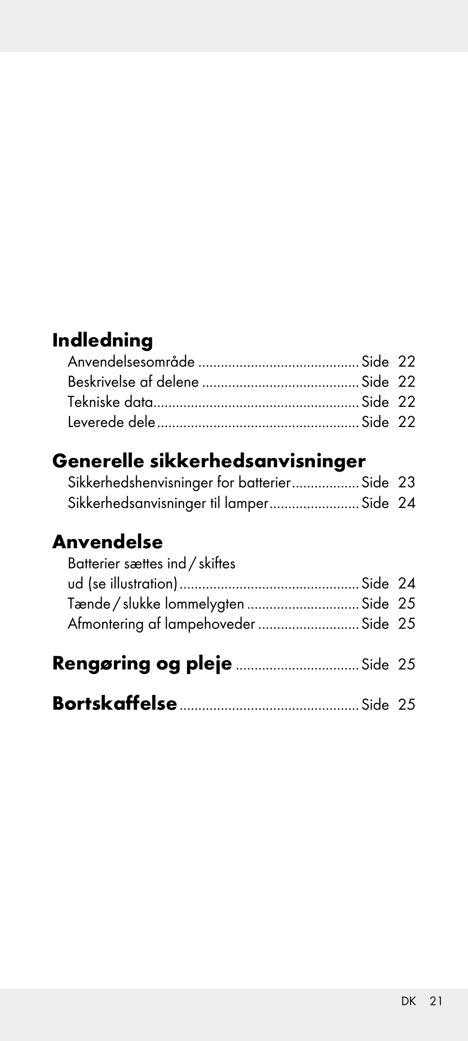 Indledning, Generelle sikkerhedsanvisninger, Anvendelse | Rengøring og pleje, Bortskaffelse | Livarno Z31240 User Manual | Page 21 / 45