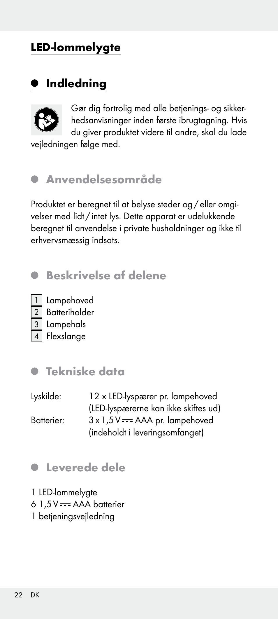 Led-lommelygte, Indledning, Anvendelsesområde | Beskrivelse af delene, Tekniske data, Leverede dele | Livarno Z31240 User Manual | Page 22 / 45