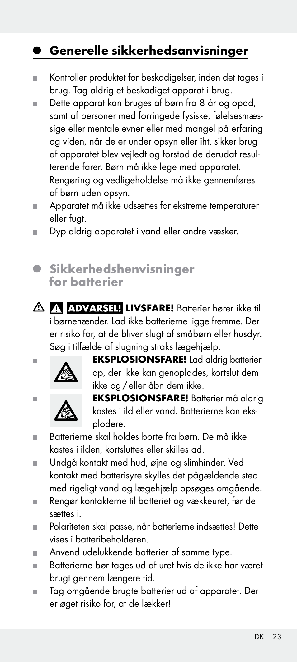 Generelle sikkerhedsanvisninger, Sikkerhedshenvisninger for batterier | Livarno Z31240 User Manual | Page 23 / 45