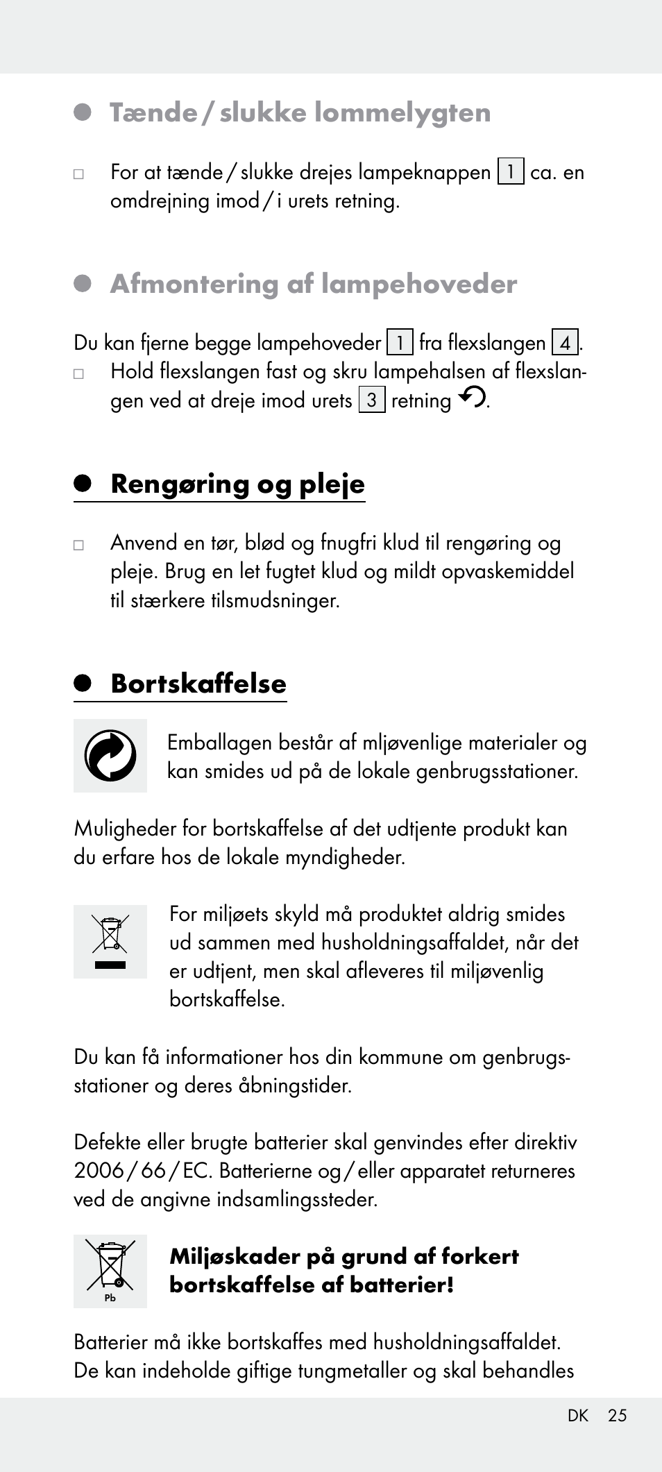 Tænde / slukke lommelygten, Afmontering af lampehoveder, Rengøring og pleje | Bortskaffelse | Livarno Z31240 User Manual | Page 25 / 45