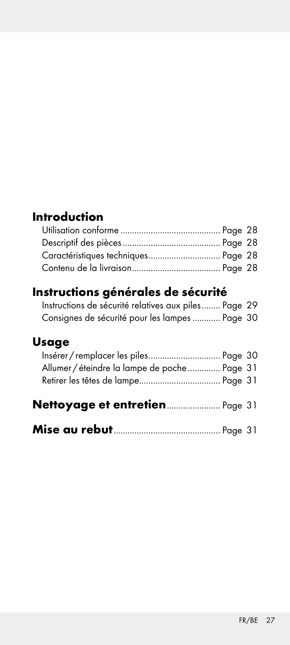 Introduction, Instructions générales de sécurité, Usage | Nettoyage et entretien, Mise au rebut | Livarno Z31240 User Manual | Page 27 / 45