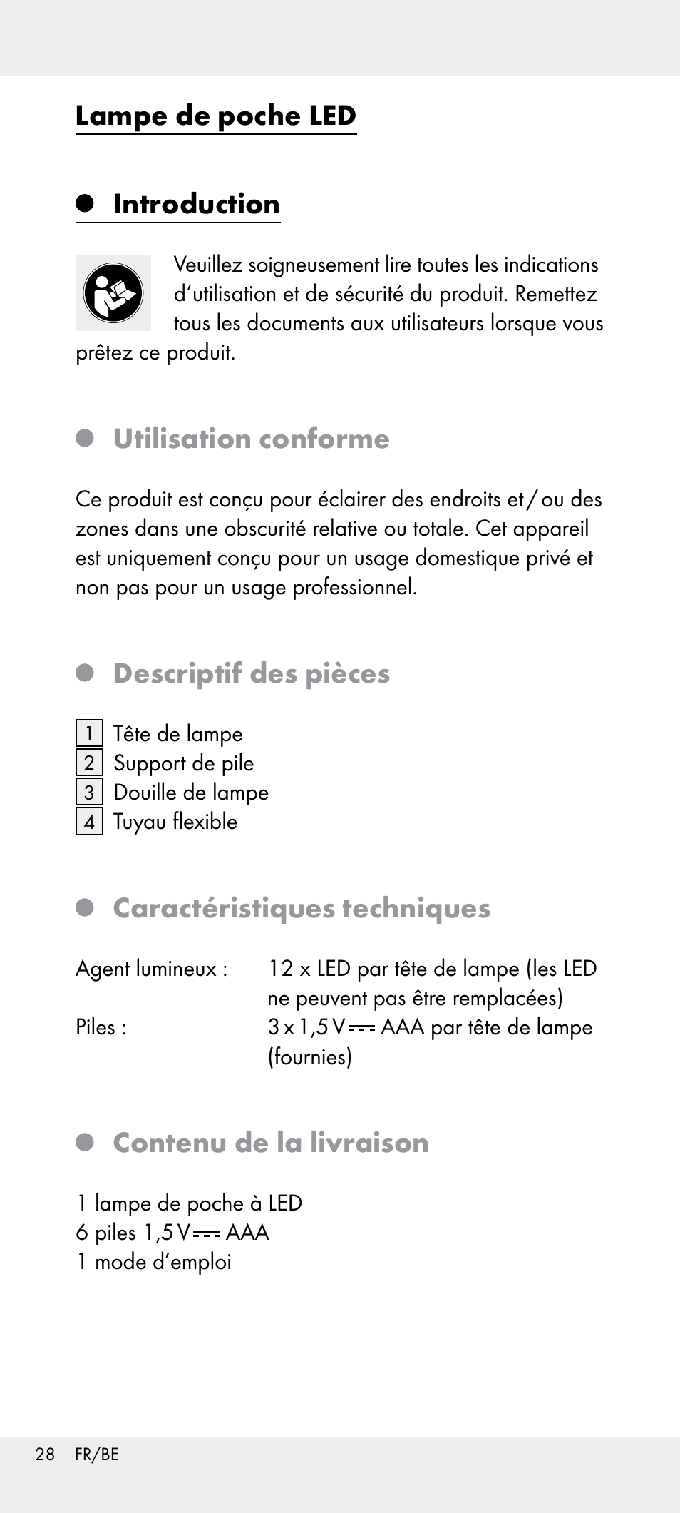 Lampe de poche led introduction, Utilisation conforme, Descriptif des pièces | Caractéristiques techniques, Contenu de la livraison | Livarno Z31240 User Manual | Page 28 / 45