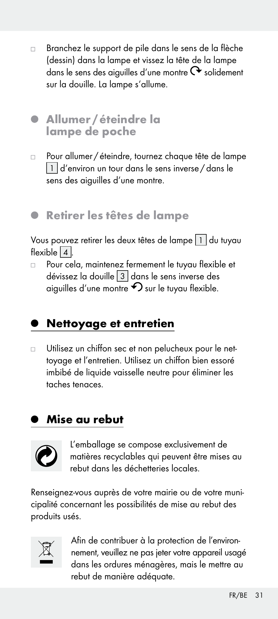 Allumer / éteindre la lampe de poche, Retirer les têtes de lampe, Nettoyage et entretien | Mise au rebut | Livarno Z31240 User Manual | Page 31 / 45