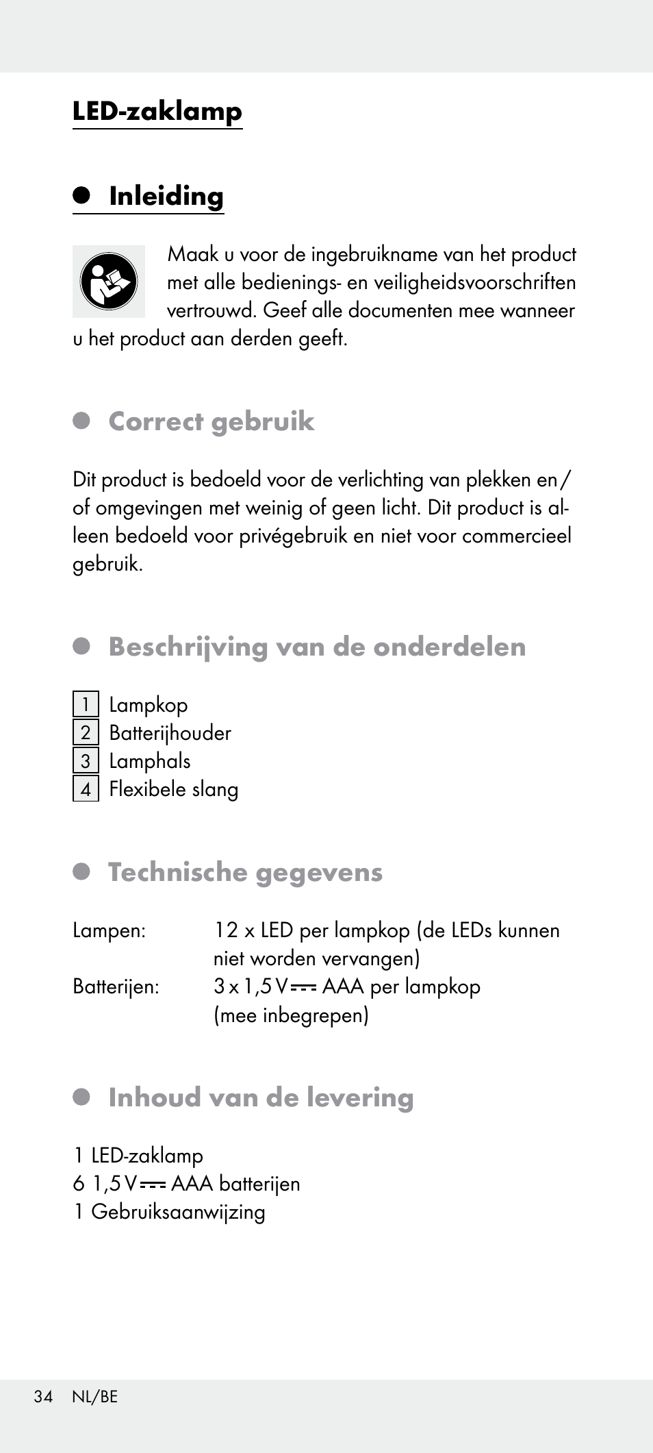 Led-zaklamp inleiding, Correct gebruik, Beschrijving van de onderdelen | Technische gegevens, Inhoud van de levering | Livarno Z31240 User Manual | Page 34 / 45