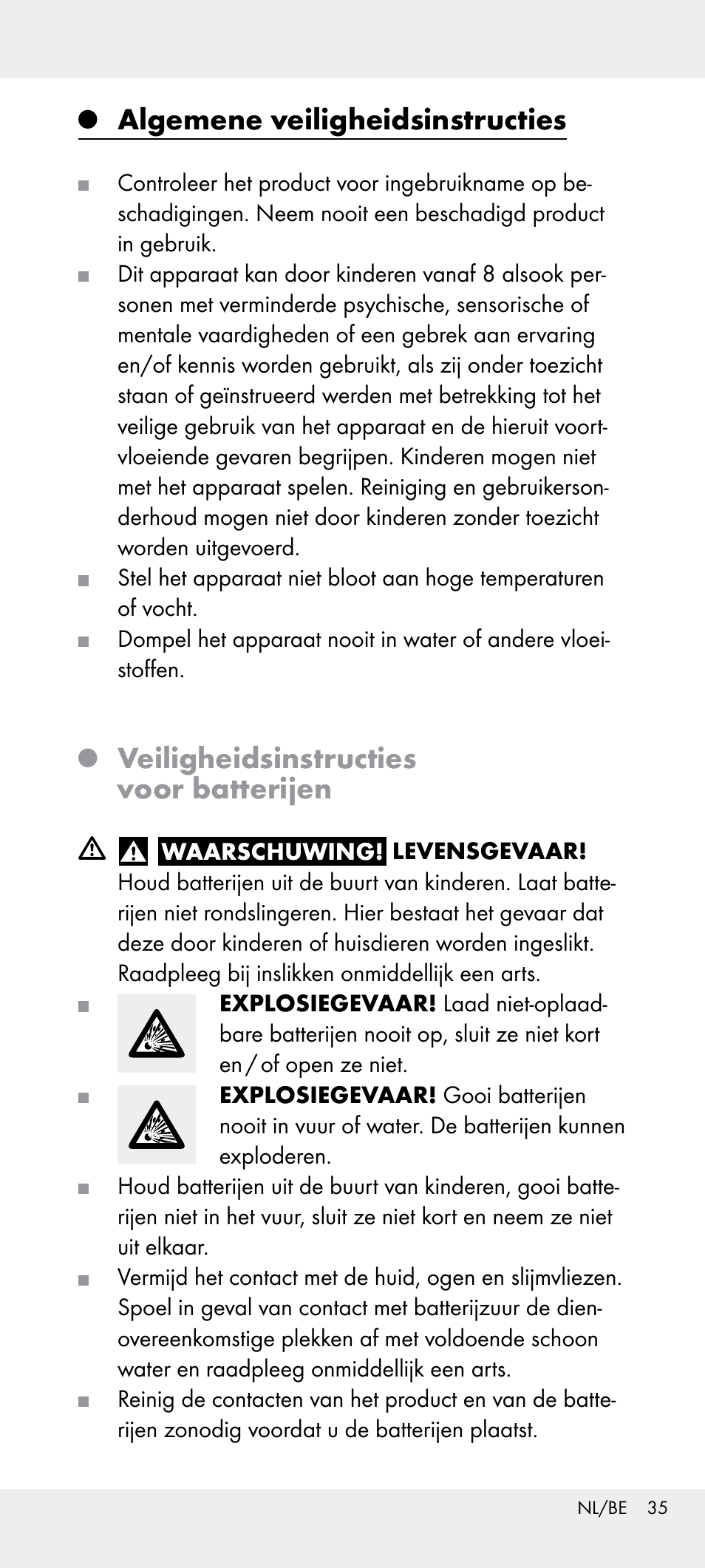 Algemene veiligheidsinstructies, Veiligheidsinstructies voor batterijen | Livarno Z31240 User Manual | Page 35 / 45