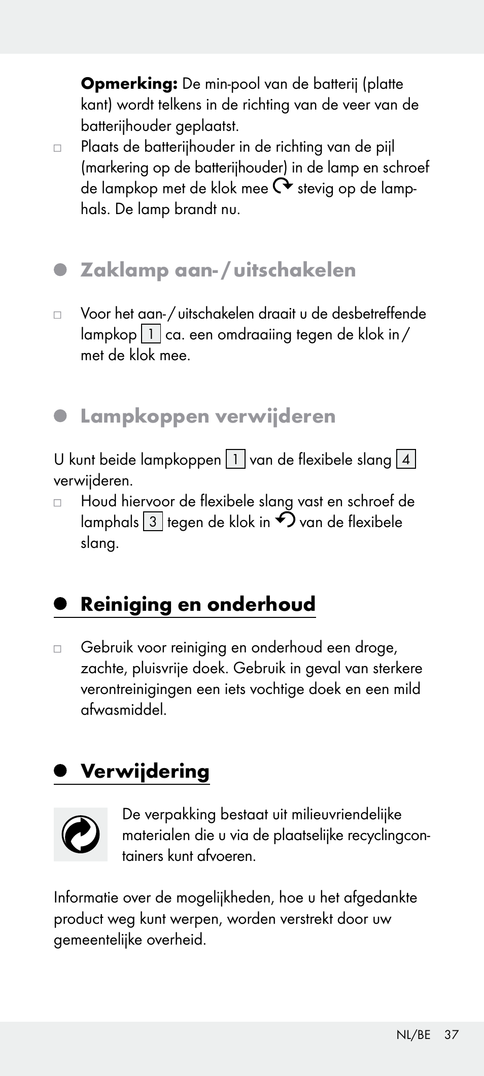 Zaklamp aan- / uitschakelen, Lampkoppen verwijderen, Reiniging en onderhoud | Verwijdering | Livarno Z31240 User Manual | Page 37 / 45