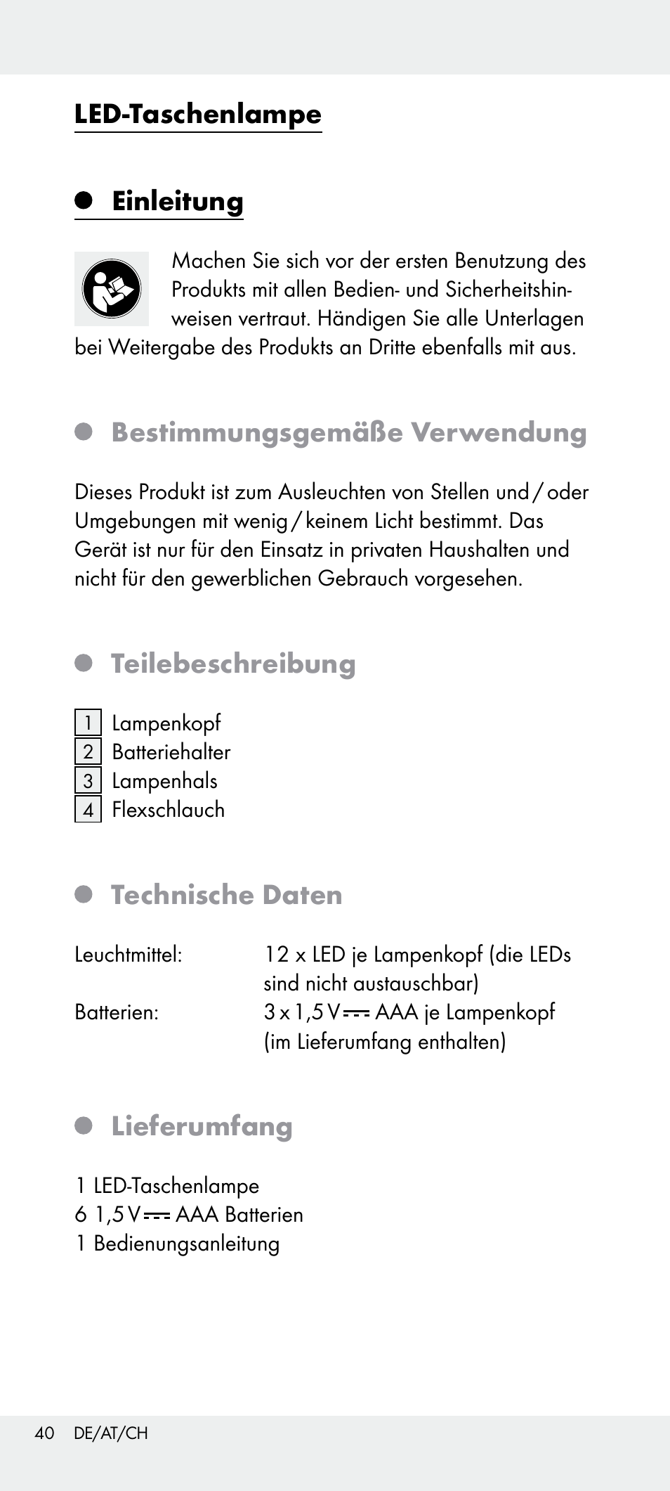 Led-taschenlampe, Einleitung, Bestimmungsgemäße verwendung | Teilebeschreibung, Technische daten, Lieferumfang | Livarno Z31240 User Manual | Page 40 / 45